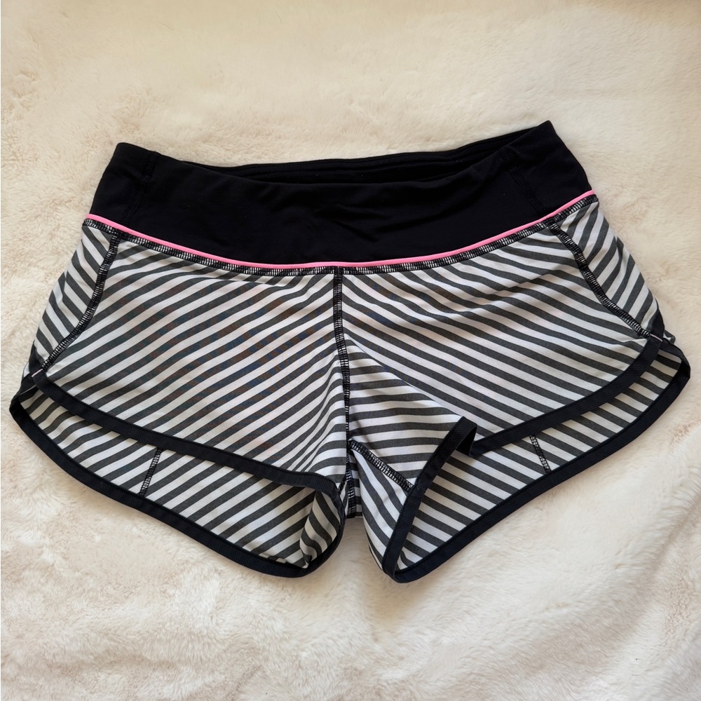lululemon athletica Black & White Striped Athletic Shorts with Pink Trim